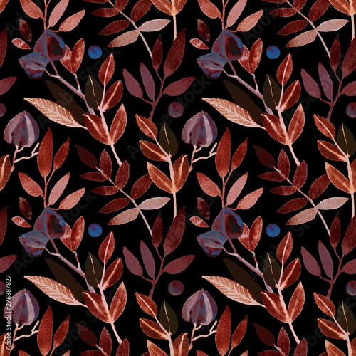 Watercolor hand painted botanical autumn leaves and flowers illustration seamless pattern isolated on black background