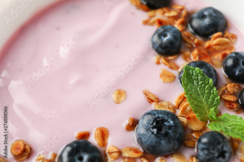 Yogurt with granola  blueberry and mint closeup