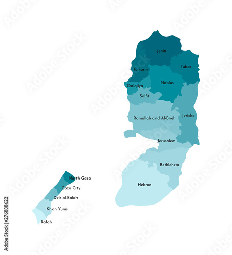 Vector isolated illustration of simplified administrative map of Palestine. Borders and names of the governorates (regions). Colorful blue khaki silhouettes