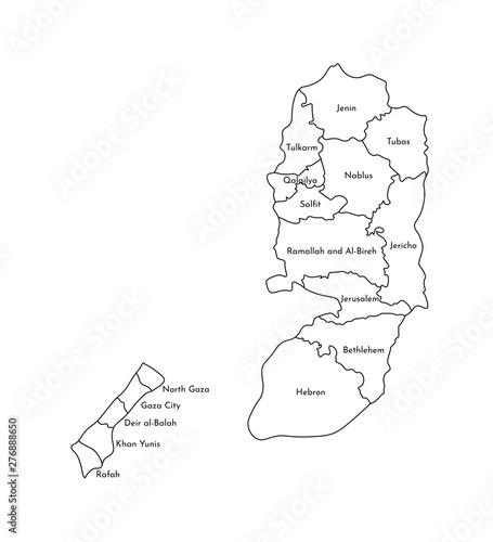 Vector isolated illustration of simplified administrative map of Palestine. Borders and names of the governorates (regions). Black line silhouettes