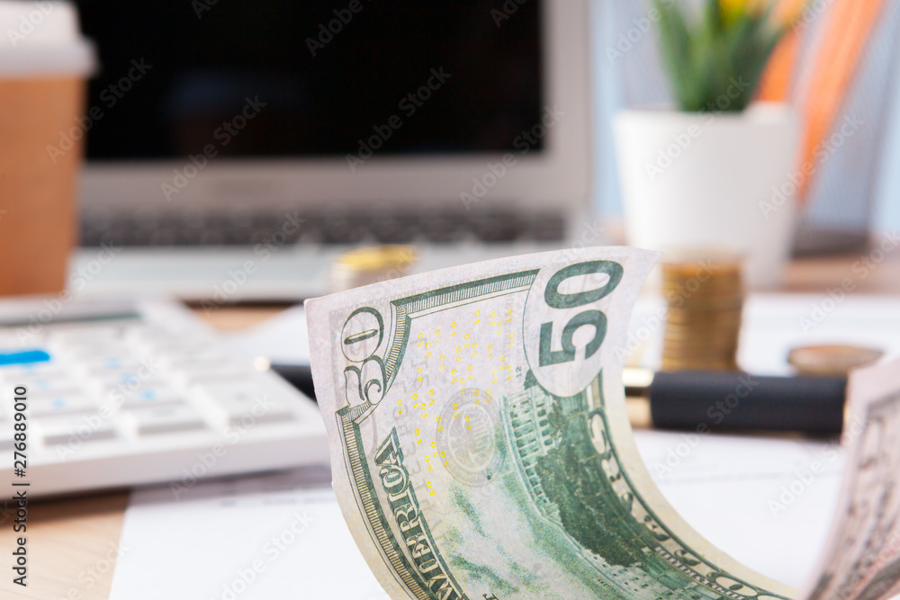 Saving stack coins money concept. Graph, chart document close up Saving stack coins money concept. Graph, chart document close up