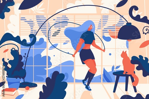 Young woman jumpink with skipping rope inside house full of greenery. Cat, sunset and book. Vivid concept illustration, good for web design and print