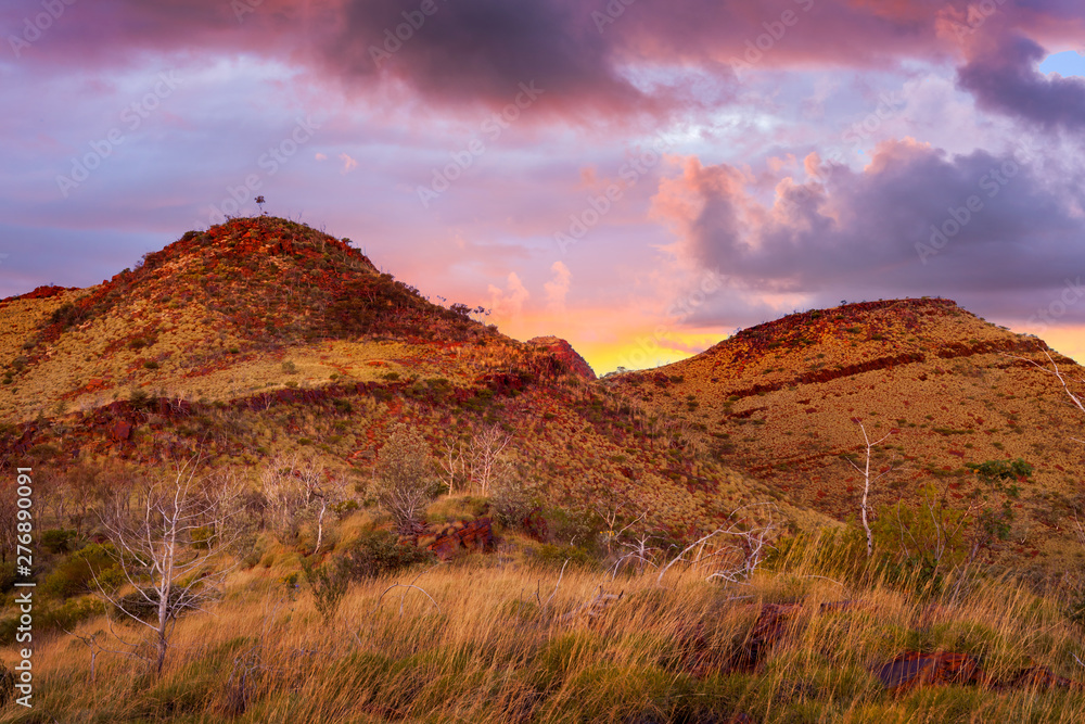 Sunset over Mount Bruce near Karijini National Park in the Pilbara region of Western Australia, Australia.