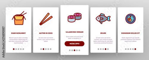 Japanese Food, Sushi Vector Onboarding Mobile App Page Screen. Sushi Bar, Japanese Food Restaurant Thin Line Contour Symbols. Asian Dishes. Nigiri, Nori, Udon, Sashimi and Miso. Seafood Illustrations