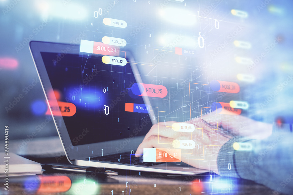 A man working on Laptop with technology theme drawing. Concept of big data. Double exposure. A man working on Laptop with technology theme drawing. Concept of big data. Double exposure.