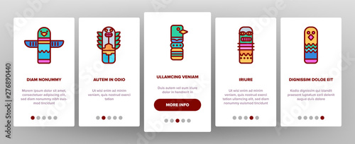 Tribal Ancient Idols Vector Onboarding Mobile App Page Screen. Religious Idols. Ethnic Ceremonial Outline Symbols Pack. African Culture, Indian Animal Totems. Native Poles Isolated Illustrations