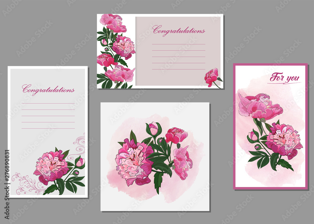 Cards for congratulations with pink flowers of peonies. Vector.