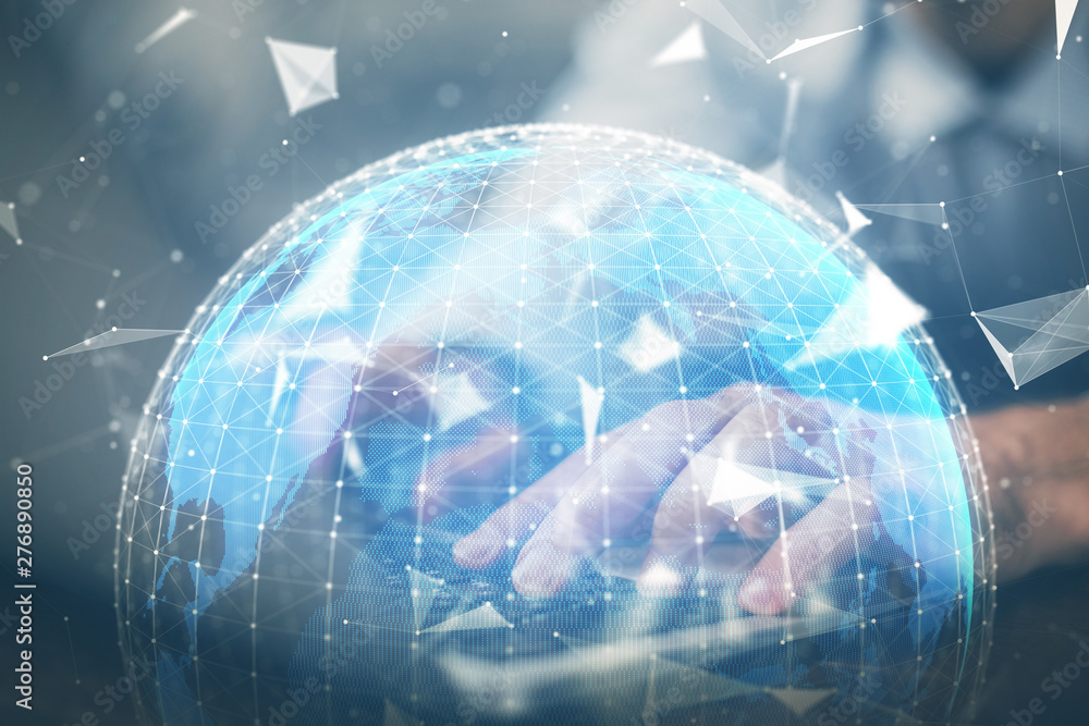 Double exposure of businessman working on laptop on background. International business hologram in front. Concept of success. Double exposure of businessman working on laptop on background. International business hologram in front. Concept of success.