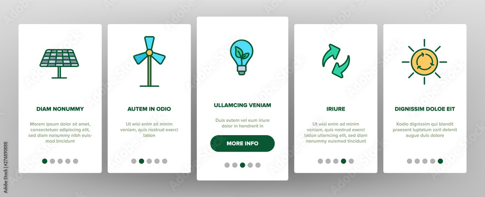 Green Energy Sources Vector Onboarding Mobile App Page Screen. Alternative Eco Energy Outline Symbols Pack. Ecology And Environment Friendly Electric Power Illustrations. Solar Panel, Windmill
