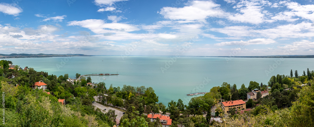 Panoramic views of Lake Balaton from the observation deck at the Tihany Abbey. Hungary