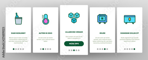 Freezer, Cooling Appliance Onboarding Mobile App Page Screen Vector. Frosting and Icing Thin Line Contour Symbols. Cold Storage Pictograms. Refrigerator, Fridge, Ice Chest. Deep Freeze Illustrations