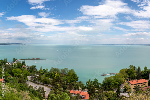 Fototapeta Naklejka Na Ścianę i Meble -  Panoramic views of Lake Balaton from the observation deck at the Tihany Abbey. Hungary