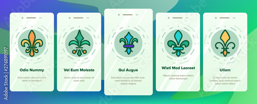 Fleur De Lys, Royalty Linear Vector Onboarding Mobile App Page Screen. Fleur, French Lily Thin Line Contour Symbols Pack. Ornate Exterior. Traditional Floral Insignia Illustrations