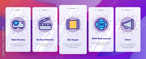 Film Edit, Filmmaking Onboarding Mobile App Page Screen Vector Icons Set. Movie Shooting, Editing Thin Line Symbols Pack. Videotaping. Cinematography Motion picture. Video Production Illustrations