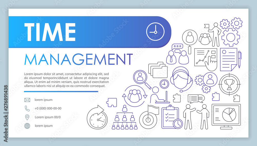 Time management banner, business card template. Workflow optimization. Company contact with phone, email line icons. Business process organization. Presentation, web page idea. Corporate print layout