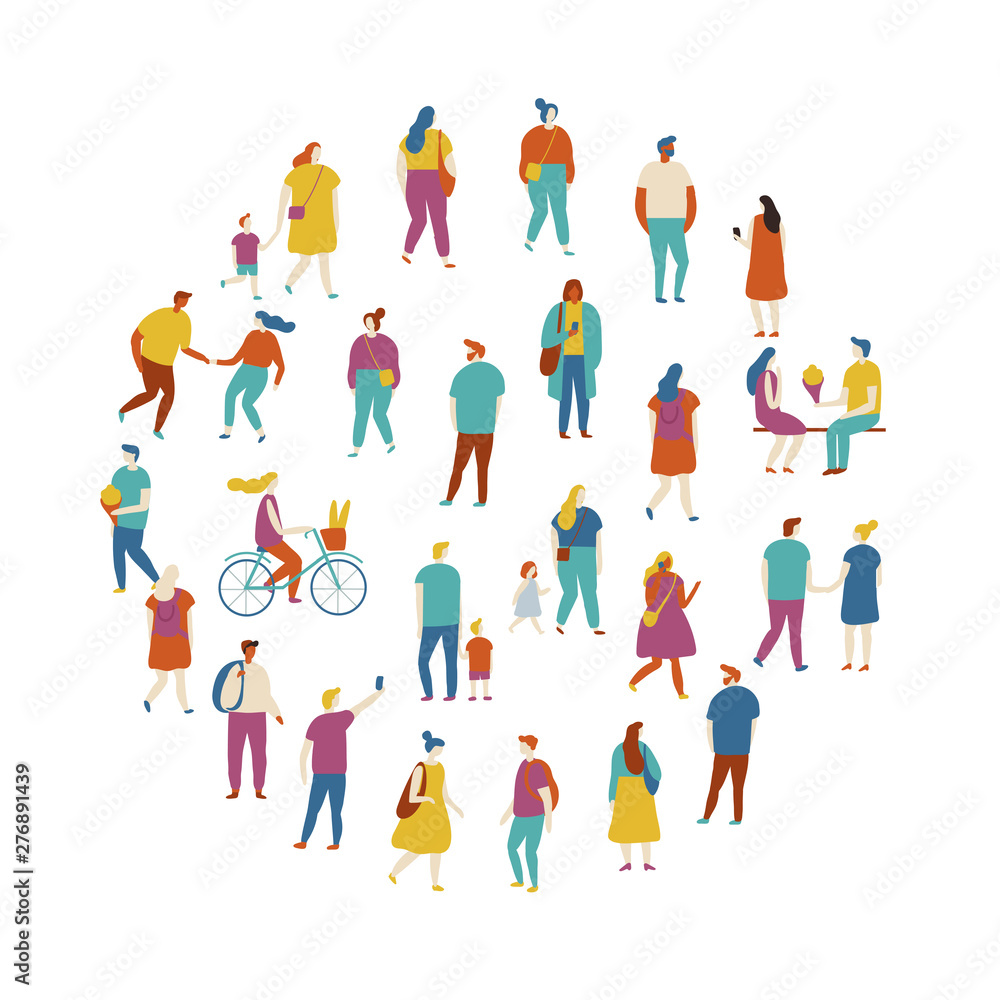 Crowd of people arranged in circle shape. Men and women kit. Different walking and running people. Outdoor. Male and female. Flat vector characters isolated on white background. Crowd of people arranged in circle shape. Men and women kit. Different walking and running people. Outdoor. Male and female. Flat vector characters isolated on white background.