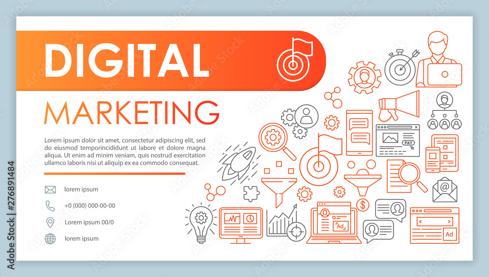 Obraz premium Digital marketing banner, business card vector template. Customer attraction, retention. Company contact with phone, email linear icons. SMM, SEO. Presentation, web page idea. Corporate print layout