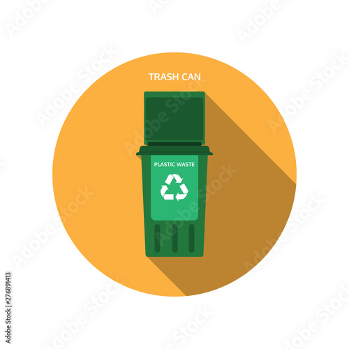 Vector isolated icon of open dark green trash can for plastic waste on the yellow background with shadow.