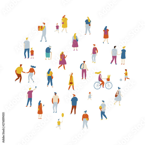 Crowd of people arranged in circle shape. Men and women kit. Different walking and running people. Outdoor. Male and female. Flat vector characters isolated on white background. 