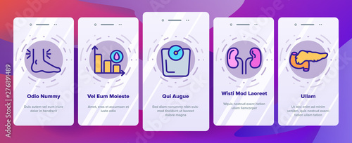 Diabetes, Disease Diagnostics Onboarding Mobile App Page Screen Vector. Diabetes, Mellitus Thin Line Contour Symbols Pack. Illness Treatment Pictograms. Blood Sugar Measurement Tools Illustrations