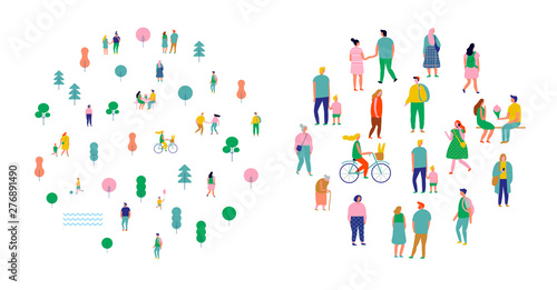 Crowd of people arranged in circle shape. Men and women kit. Different walking and running people. Outdoor. Male and female. Flat vector characters isolated on white background. 