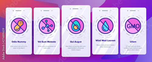 Allergen Free Food Vector Onboarding Mobile App Page Screen. No Allergen Labelling, Eco And Organic Products Outline Symbols Pack. Ingredients Without GMO, Seafood, Peanuts, Alcohol Illustrations
