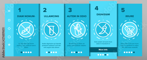 Allergen Free Food Vector Onboarding Mobile App Page Screen. No Allergen Labelling, Eco And Organic Products Outline Symbols Pack. Ingredients Without GMO, Seafood, Peanuts, Alcohol Illustrations