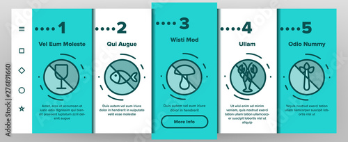 Allergen Free Food Vector Onboarding Mobile App Page Screen. No Allergen Labelling, Eco And Organic Products Outline Symbols Pack. Ingredients Without GMO, Seafood, Peanuts, Alcohol Illustrations