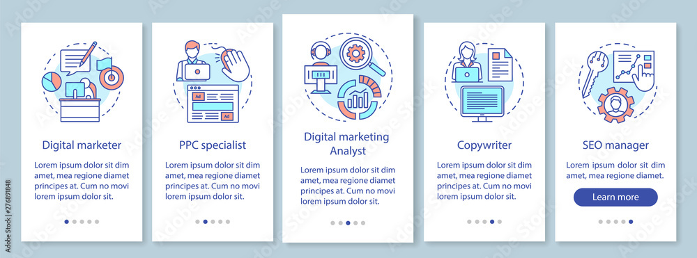 Digital marketing specialties onboarding mobile app page screen with linear concepts. Copywriter, SEO manager walkthrough steps graphic instructions. UX, UI, GUI vector template with illustrations