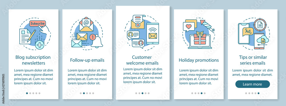 Email marketing onboarding mobile app page screen with linear concepts. Mass mailing. Emails and newsletters walkthrough steps graphic instructions. UX, UI, GUI vector template with illustrations