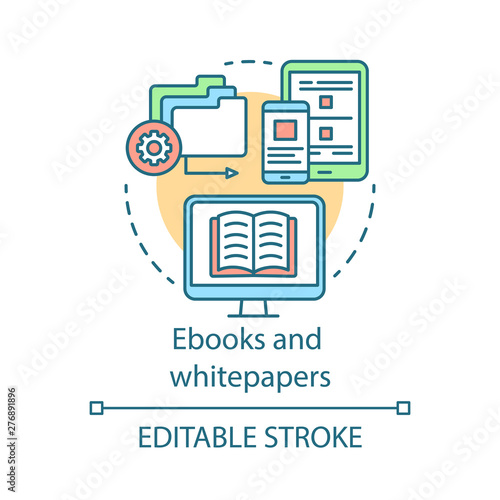 Ebooks and whitepapers concept icon. Content marketing channels idea thin line illustration. Electronic book. Distance learning. Virtual library. Vector isolated outline drawing. Editable stroke