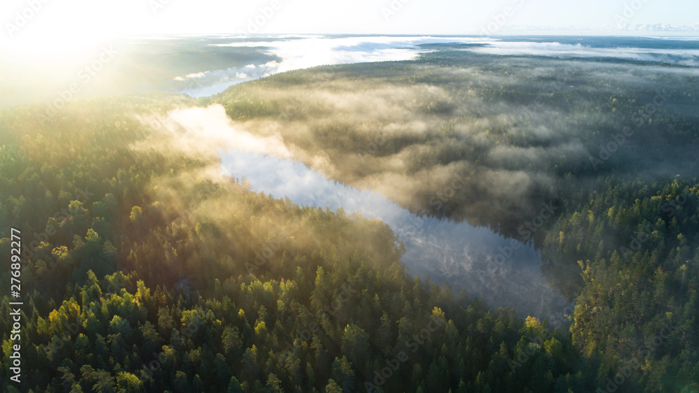 Aerial shot of foggy autumn morning at lake. Beautiful forest and sun rays.