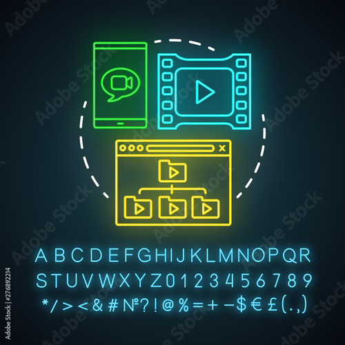 Hosting video ads neon light icon. Affiliate marketing. Performance based marketing. Online video advertising, vlogging. Glowing sign with alphabet, numbers and symbols. Vector isolated illustration