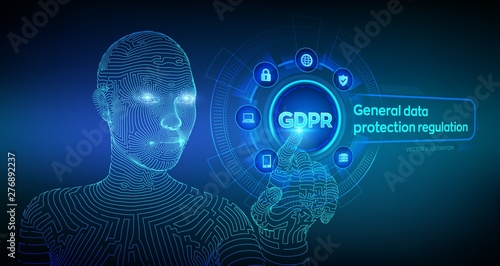 GDPR. General Data Protection Regulation. Cyber security and privacy concept on virtual screen. Protection of personal information. Wireframed cyborg hand touching digital interface. Vector. EPS 10.
