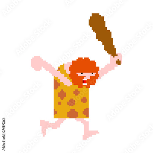 Caveman pixel art isolated. Prehistoric man hunter 8 bit. Ancient man is hunting pixe