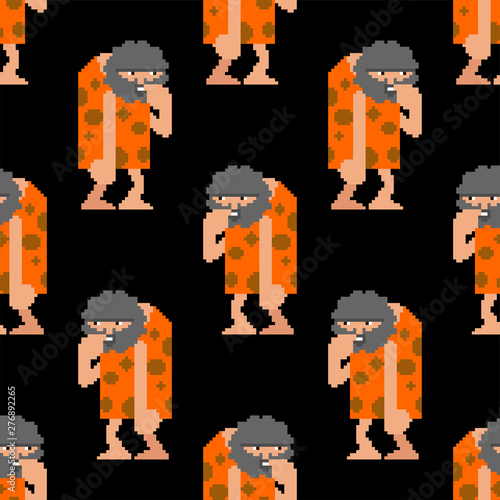 Caveman pixel art pattern seamless. Prehistoric man 8 bit background . Ancient man  vector texture