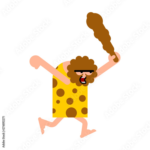 Caveman and cudgel isolated. Prehistoric man hunter. Ancient man is hunting
