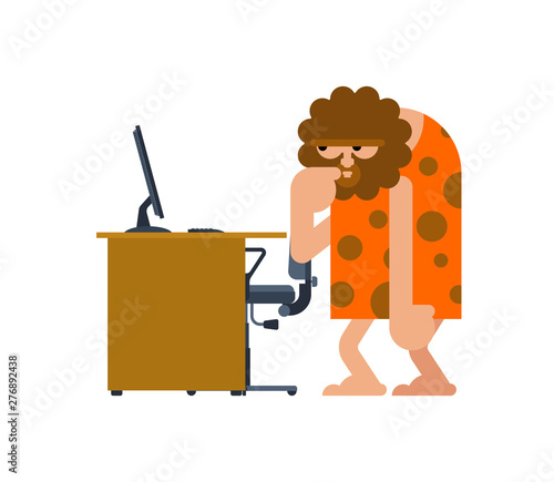 Caveman and PC. Prehistoric man and computer. Ancient man think