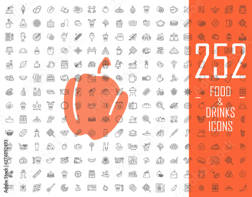 Food and drinks linear icons big set. Thin line contour symbols. Restaurant menu and BBQ. Vegetables, fruits, desserts. Drinks and cocktails. Isolated vector outline illustrations. Editable stroke