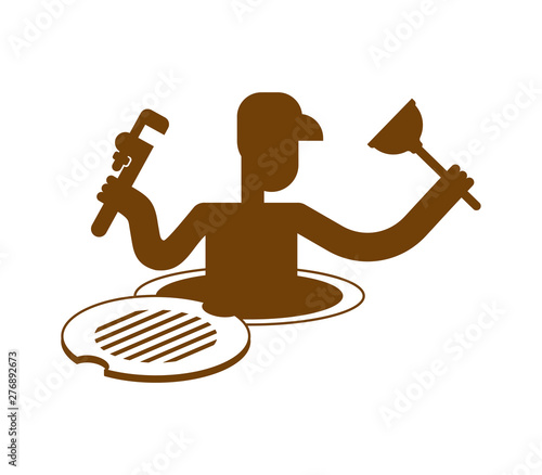 Plumber in well icon. Working in sump sign. vector illustration