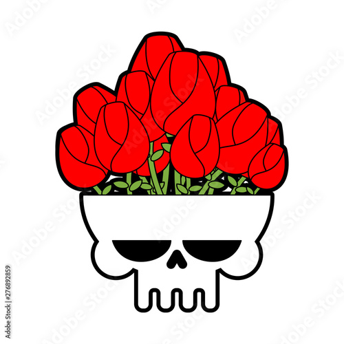 Skull vase with flowers isolated. Skeleton Head and Roses. Vector illustration