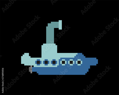 Submarine pixel art. Ship for underwater diving 8 bit. Vector illustration