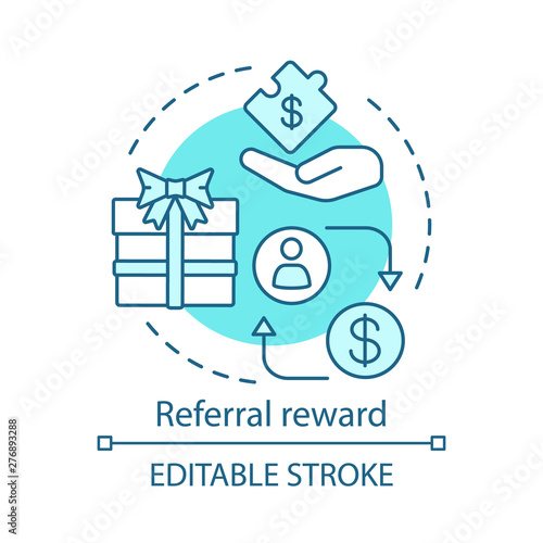 Referral reward concept icon. Marketing strategy idea thin line illustration. Referral bonus reward programs. Refer friend. Encourage loyal customers. Vector isolated outline drawing. Editable stroke