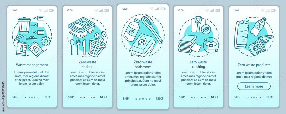 Zero waste lifestyle onboarding onboarding mobile app page screen vector template. Waste management walkthrough website steps with linear illustrations. UX, UI, GUI smartphone interface concept