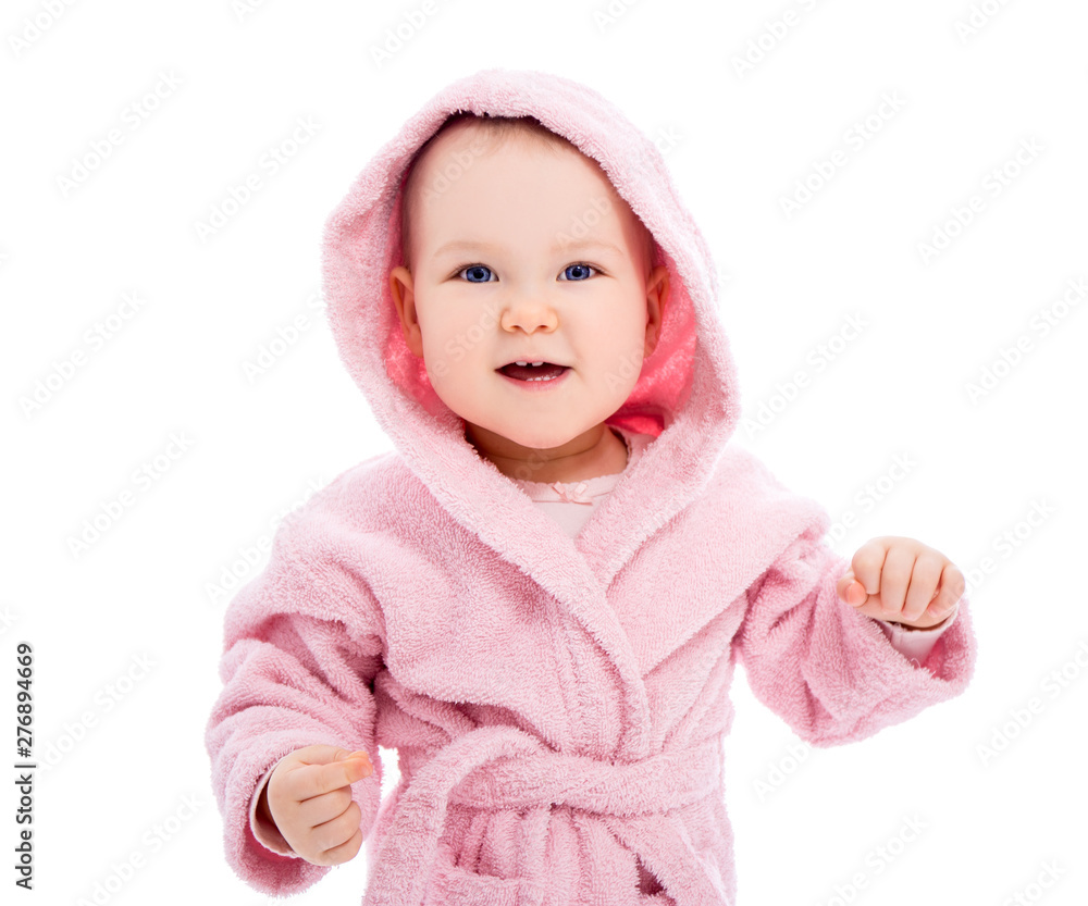 close up portrait of funny baby girl in pink bathrobe isolated on white close up portrait of funny baby girl in pink bathrobe isolated on white
