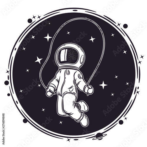 Astronaut jumps with a skipping rope. Space Vector Illustration. Illustration on the theme of astronomy.