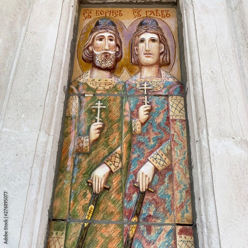 Moscow, Russia, June. 20, 2019.  Church of the entry of the Most Holy Virgin into the Temple, Barashevsky pereulok, 8/2. Decorative elements of the fence of the Church, the Saints Boris an Gleb photo