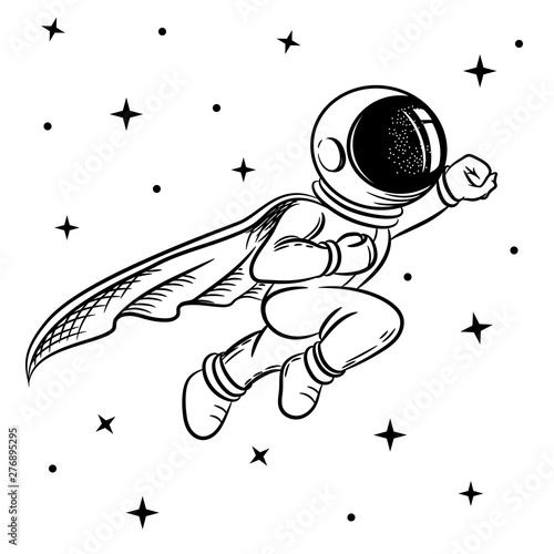 Astronaut in a raincoat flies. Vector illustration on a theme of astronomy. Coloring page,