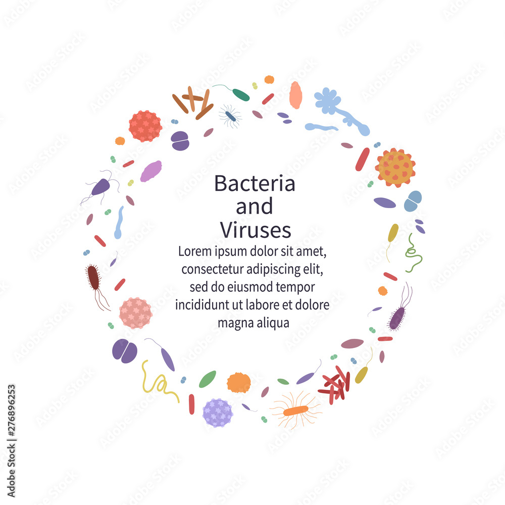 Obraz premium Colorful background with different dangerous viruses and bacteria. Template with text for web design and print.