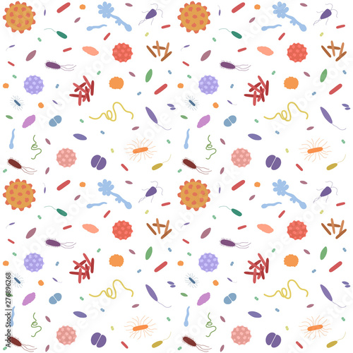 Background with different types of bacteria and viruses on white background. Simple colorfull bacterias pattern for your design. 